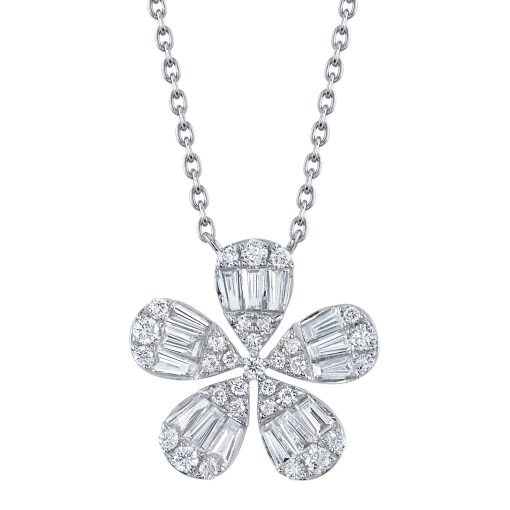 0.50CT 14K W/G DIAMOND BAGUETTE FLOWER NECKLACE