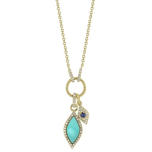 0.15CT DIAMOND & 0.81CT BLUE SAPPHIRE & COMPOSITE TURQUOISE 14K Y/G NECKLACE